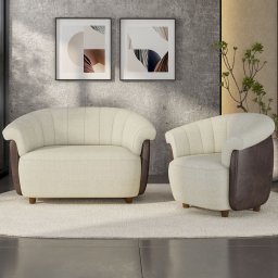 Sofá 2 Lugares 150cm e Poltrona Lykan Linho Bege/Caramelo Z32 - Mpozenato