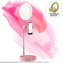 Espelho Iluminador Ring Light Retrátil com Suporte Rosa CBRN14330
