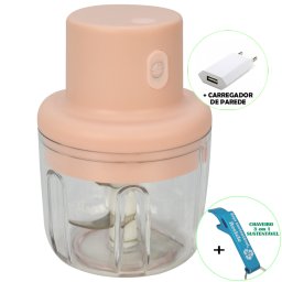 Mini Processador e Triturador de Alimentos Elétrico Recarregável 200 ml Rosa + Chaveiro CBRN18383
