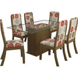 KIT MESA DE VIDRO JANTAR COM 6 CADEIRAS ESTOFADAS
