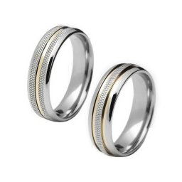 Aliança em aço inox anatômica 6mm c/ 1 filete central em ouro e 2 recartilhos nas laterais / Aliança em aço inox anatômica 6mm c/ recartilho no centro e 2 filetes em ouro