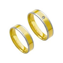 Aliança Anatômica de Ouro e Ouro Branco 18k 750 Largura 5.00mm Altura 1.50mm / Aliança Anatômica de Ouro e Ouro Branco 18k 750 com 1 Brilhante de 2.25 Pontos Largura 5.50mm Altura 1.30mm