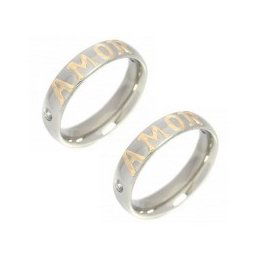 Par de Aliança em Aço Inox 5mm com Pedra de Zircônia e Aplique Amor em Ouro