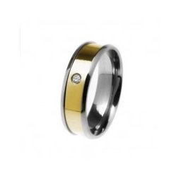 Aliança em aço inox anatômica 6mm com um filete em ouro de 4mm e 1 pedra de zircônia 2 mm