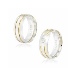 Aliança de Prata 925 Anatômica 8mm / Aliança de Prata 925 Anatômica 8mm com 2 Fios em Ouro e Pedra de Zircônia de 3mm
