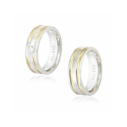 Aliança Confort Reta de Prata 6mm com 2 Filetes em Ouro / Aliança de Prata Reta 6mm com 2 fios Interrompidos e com Pedra de Zircônia de 3mm