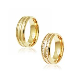 Aliança Folheada a Ouro Reta 8mm com 2 Frizos / Aliança Folheada a Ouro Reta 8mm com 2 Frizos Cravejada no Centro