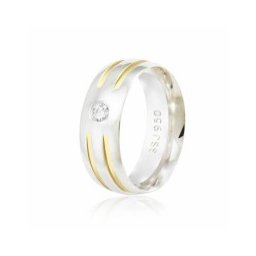 Aliança de Prata 925 Anatômica 8mm com 2 Fios em Ouro e Pedra de Zircônia de 3mm
