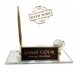 Zlaté pero + Podstavec na stůl ze skla + krystalový glóbus + hodinky
