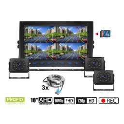 Kamery na couvání AHD set s nahráváním na SD kartu - 3x HD kamera s 11 IR LED + 1x Hybridní 10 "AHD monitor