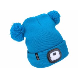 Čepice s čelovkou 4x25lm, USB nabíjení, modrá s bambulemi, dětská 43459