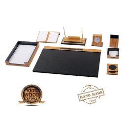 Luxusní stylový kancelářský SET doplňků 11 ks + ciferníkové hodinky (Dřevo + kůže)