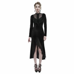 šaty dámské DEVIL FASHION - Black Vintage Gothic Velvet Slit Long Sleeve Fishtail Party - ESKT039