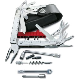 VICTORINOX kleště multifunkční SwissTool PLUS STŘÍBRNÉ v koženém pouzdře (s ráčnou namísto kličky)