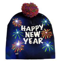 Čepice s bambulí - Zimní pletená čepice svítící HAPPY NEW YEAR