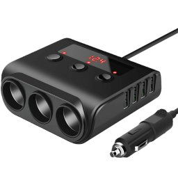 LED21 Rozdělovač zásuvek auto zapalovače 1/4 + nabíječka 4xUSB s kabelem a voltmetrem PLS42