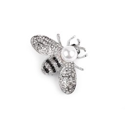 Brož s broušenými kamínky a perlou včela, barva 1 crystal platina