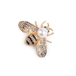 Brož s broušenými kamínky a perlou včela, barva 2 crystal zlatá