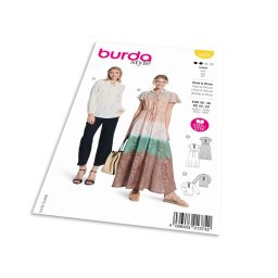 Střih Burda 5823 - Šaty se stahováním v pase, maxi šaty, halenka se stojáčkem