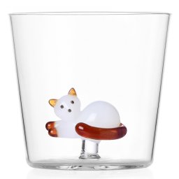 Ichendorf Milano designové sklenice na vodu Tabby Cat Tumbler Lying White Cat with Amber Tail