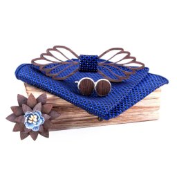 Gaira® Dřevěný motýlek s kapesníčkem a manžetovými knoflíčky a broží 709212, Barva modrá