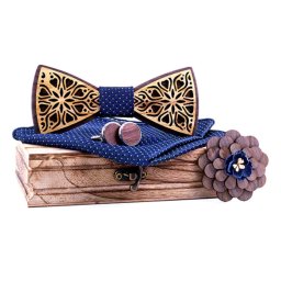 Gaira® Dřevěný motýlek s kapesníčkem a manžetovými knoflíčky a broží 709213, Barva modrá