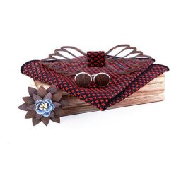 Gaira® Dřevěný motýlek s kapesníčkem a manžetovými knoflíčky a broží 709212, Barva červená