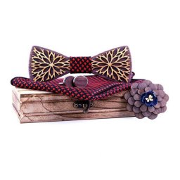 Gaira® Dřevěný motýlek s kapesníčkem a manžetovými knoflíčky a broží 709213, Barva červená