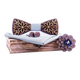 Gaira® Dřevěný motýlek s kapesníčkem a manžetovými knoflíčky a broží 709213, Barva šedá