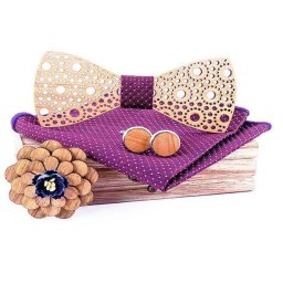 Gaira® Dřevěný motýlek s kapesníčkem a manžetovými knoflíčky a broží 709218, Barva fialová