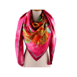 Velký saténový šátek s květy 130x135 cm, barva 16 pink