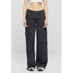 kalhoty dámské URBAN CLASSICS - Mid Waist Cargo Denim - Black Charcoal Washed - TB6156