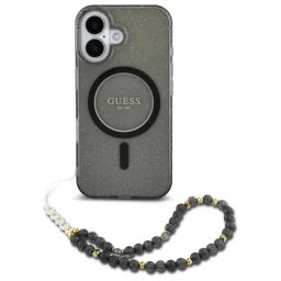 Pouzdro GUESS HardCase IML Glitter MagSafe Pearl Strap iPhone 16 - černá