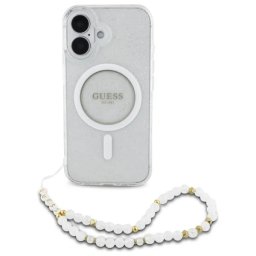 Pouzdro GUESS HardCase IML Glitter MagSafe Pearl Strap iPhone 16 - čirá