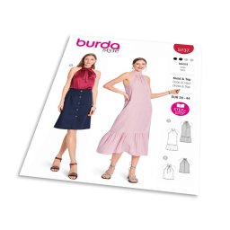 Střih Burda 5737 - Volné šaty za krk, mušelínové šaty, top s nahými rameny