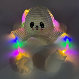 Klobouk svítící - Zajíček LED slaměný + pohyblivé vyskakující uši