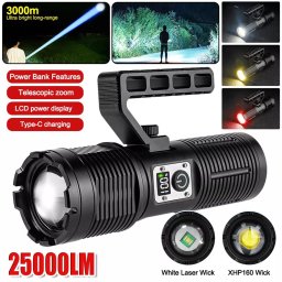 Světlomet - LED baterka + teleskopický ZOOM + LED displej + 3 režimy světla až do 3000m