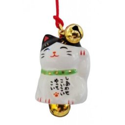 Japonská kočka Maneki Neko přívěsek na mobil se zvonky, bílá/černá