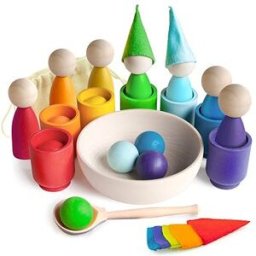 Ulanik Montessori dřevěná hračka „Rainbow: Peg Dolls in Cups with Hats and Balls?