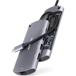 AXAGON HMC-6M2 6in1 Combo Hub, USB-C 5Gbps, 2x USB-A, USB-C, HDMI 4k/30Hz, RJ-45, M.2 SATA, PD 100W