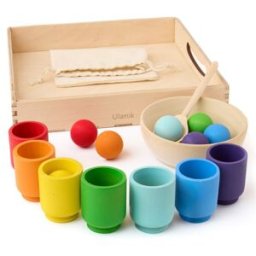 Ulanik Montessori dřevěná hračka "Rainbow: balls in cups
