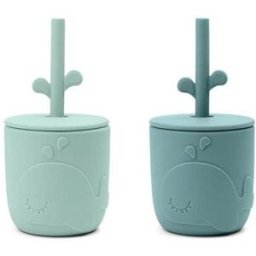 Done by Deer Peekaboo set hrnečků s brčkem Wally 2ks - modrý