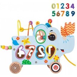 Tulimi Edukační dřevěný slon s kolečky, labyrintem a čísly
