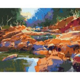 zuty Tekoucí řeka mezi kameny v lese, 40×50 cm, vypnuté plátno na rám