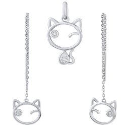 Stříbrný set šperků kočka Betty s čirými Brilliance Zirconia - náušnice a přívěsek MW15320S