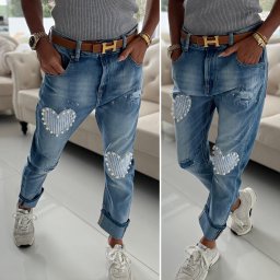V&V Tmavě modré jeans s perličkvou aplikací - L