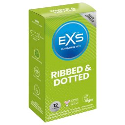EXS Ribbed, Dotted and Flared - vroubkovan, tekovan a rozen kondom (12 ks)