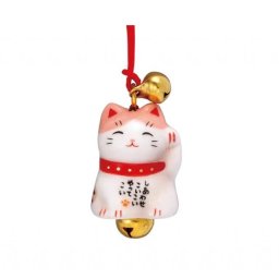 Japonská kočka Maneki Neko přívěsek na mobil se zvonky, bílá/růžová