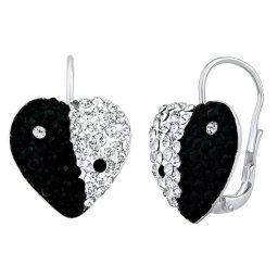 Stříbrné náušnice srdce Jin Jang se Swarovski® Crystals