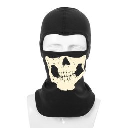 Černá kukla s maskou větru odolná - reflexní vzor SKULL (Lebka) bílá